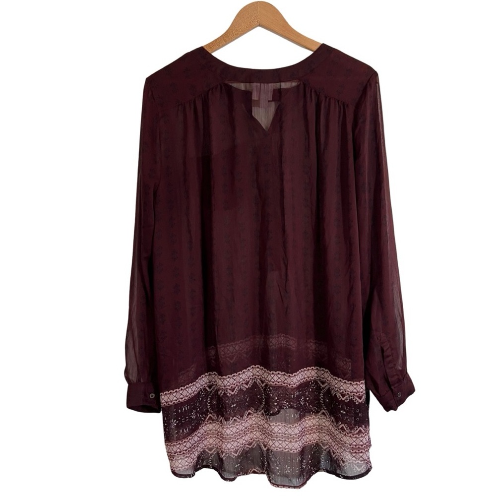 Knox Rose Boho Tunic Top Size 1X Maroon Sheer Collarless Long Sleeve Henley - Picture 3 of 14